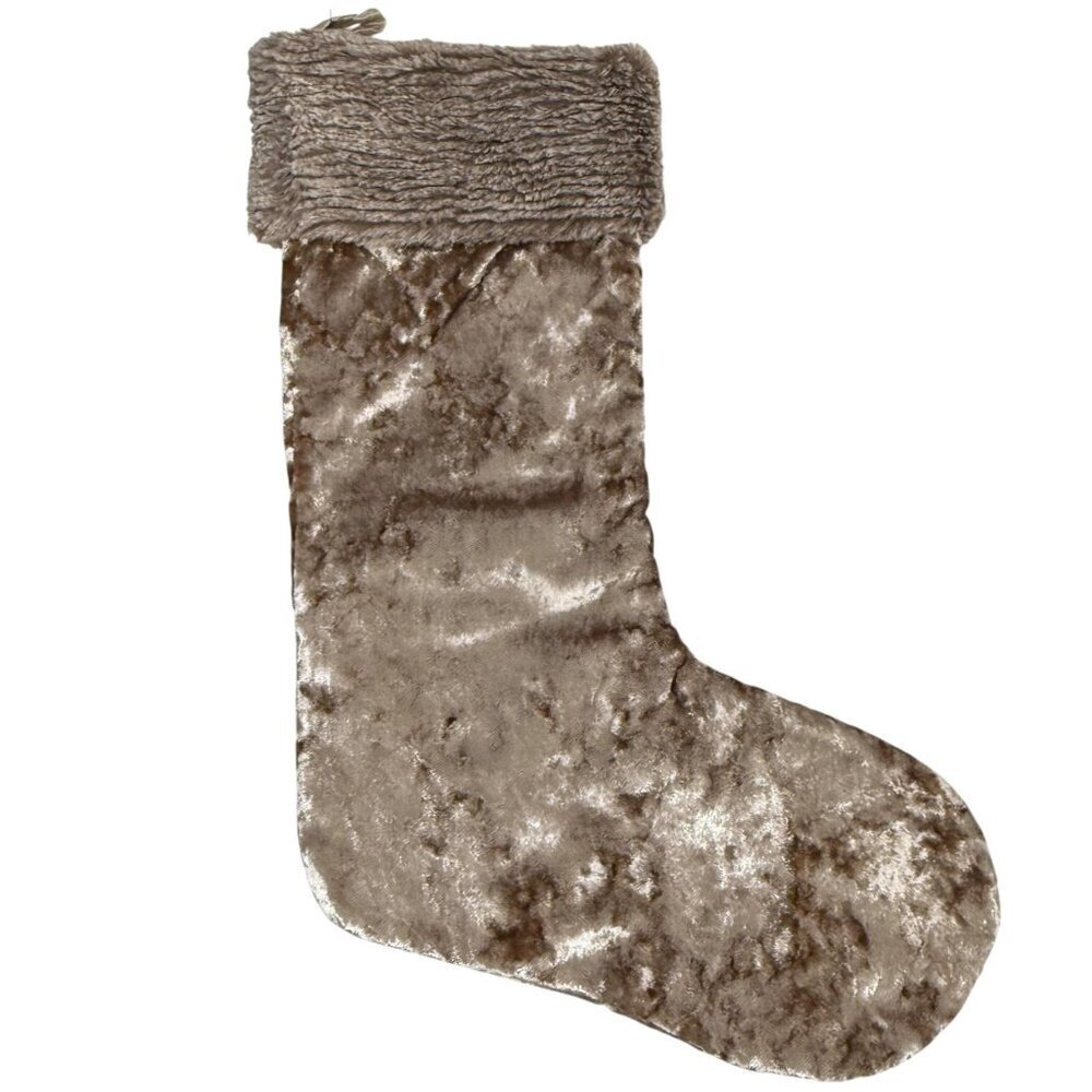 Aviva Stanoff Velvet Faux Fur Christmas Stocking Taupe Beige Holiday Decor